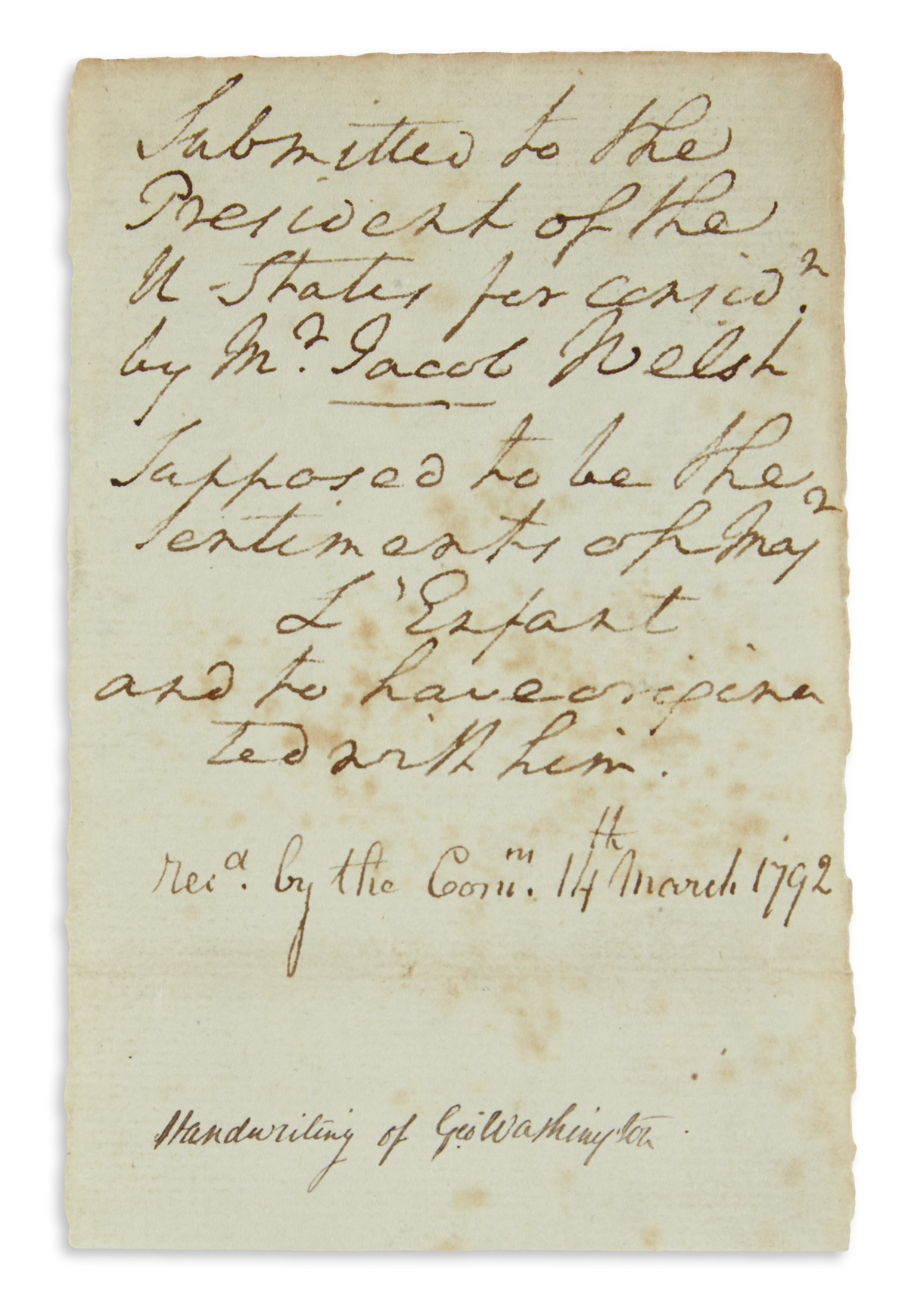 WASHINGTON, GEORGE. Autograph Manuscript, unsigned, 9 lines, likely an endorsement on a now absent communication:
